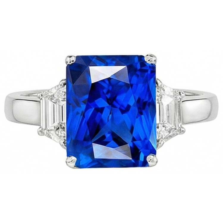 Diamant trapèze 3 pierres et saphir Srilanka taille radiant 4 carats