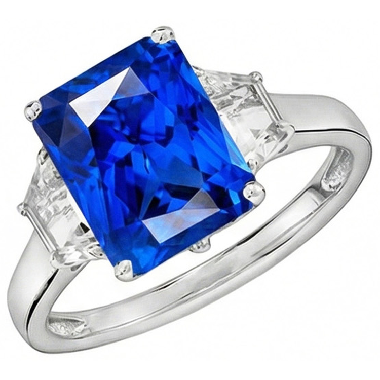 Diamant trapèze 3 pierres et saphir Srilanka taille radiant 4 carats