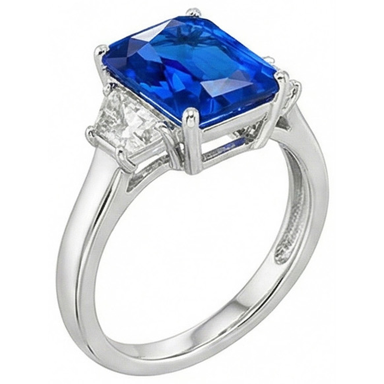 Diamant trapèze 3 pierres et saphir Srilanka taille radiant 4 carats