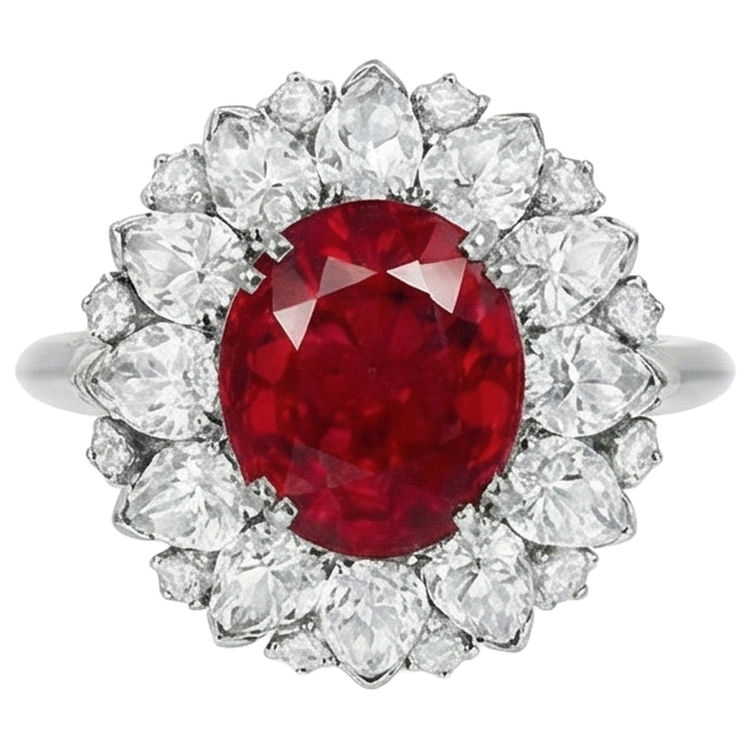 Diamants ronds et taille poire avec bague en rubis 17.75 ct en or blanc 14K