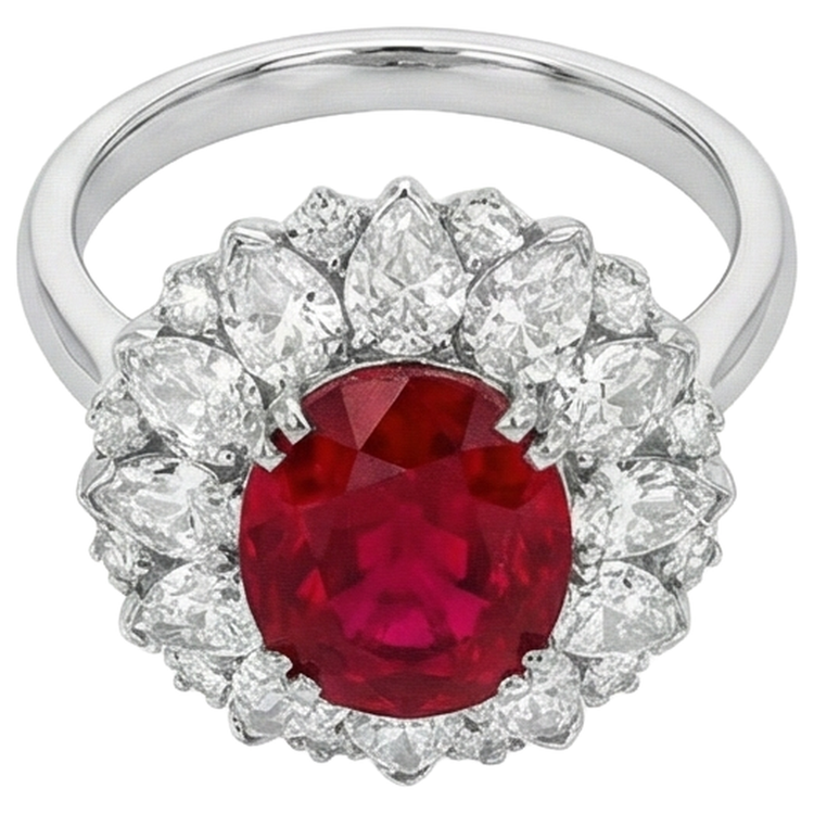 Diamants ronds et taille poire avec bague en rubis 17.75 ct en or blanc 14K