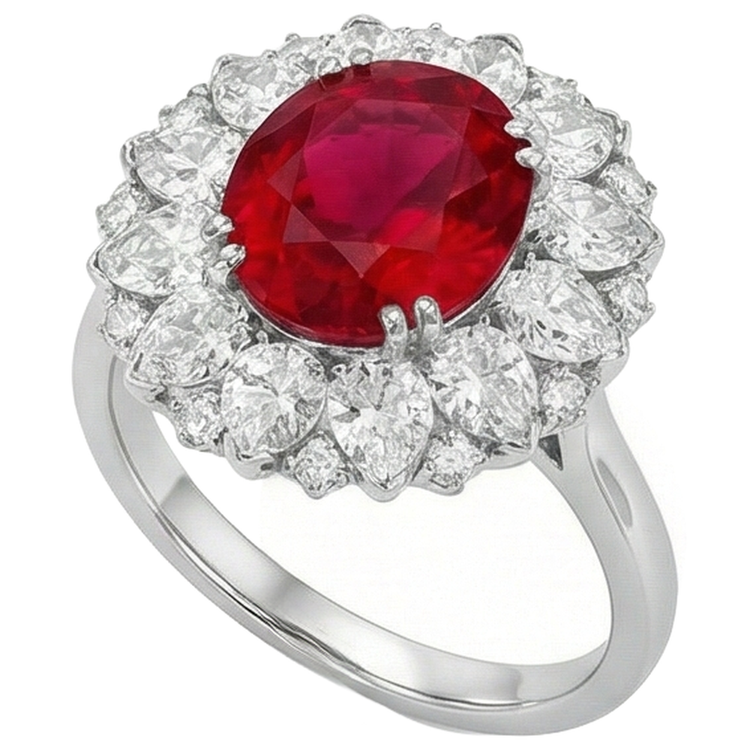 Diamants ronds et taille poire avec bague en rubis 17.75 ct en or blanc 14K