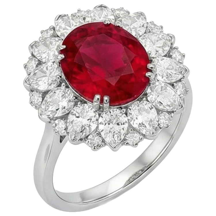 Diamants ronds et taille poire avec bague en rubis 17.75 ct en or blanc 14K
