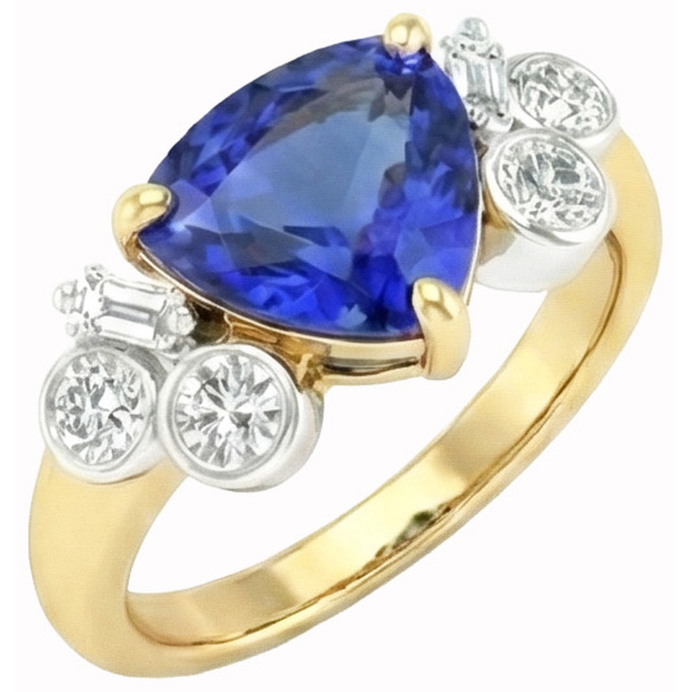 Diamants Naturels Extraits des Mines ( et non cultivés en laboratoire ) saphir Sri Lanka taille trillion en or jaune 6.11 ct. Anneau
