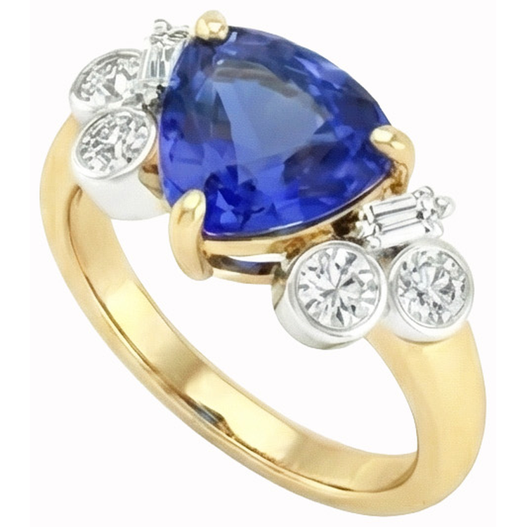 Diamants Naturels Extraits des Mines ( et non cultivés en laboratoire ) saphir Sri Lanka taille trillion en or jaune 6.11 ct. Anneau