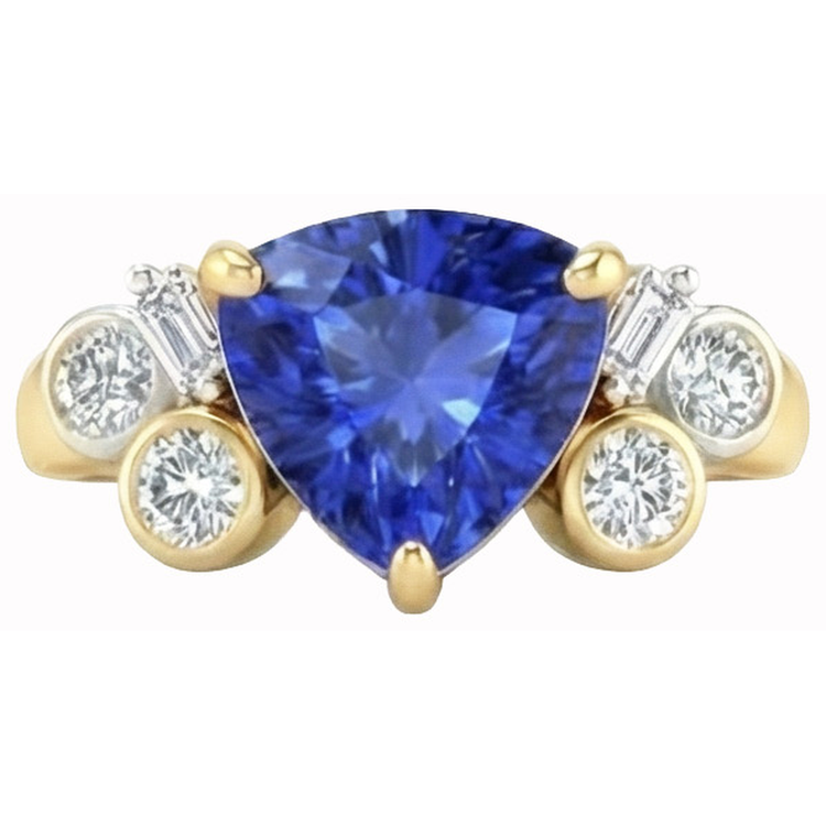 Diamants Naturels Extraits des Mines ( et non cultivés en laboratoire ) saphir Sri Lanka taille trillion en or jaune 6.11 ct. Anneau