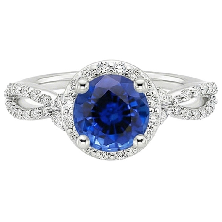 Diamond Halo Jewelry Deep Blue Sapphire Split Shank Prong Set 3 Carats