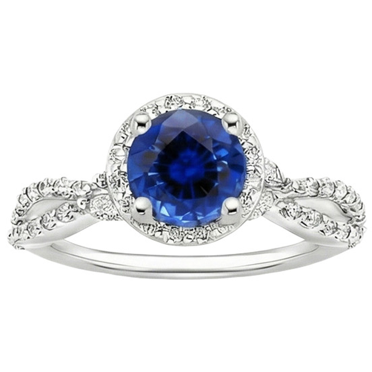 Diamond Halo Jewelry Deep Blue Sapphire Split Shank Prong Set 3 Carats