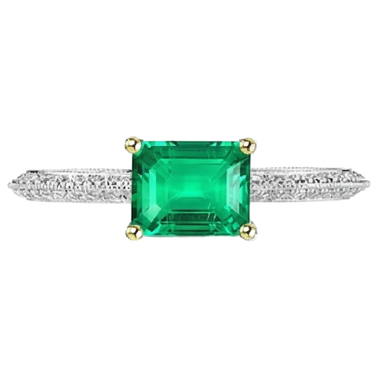 Émeraude Taille à Degrés Bague Pierre Précieuse en Or 14K Bicolore – vue de côté