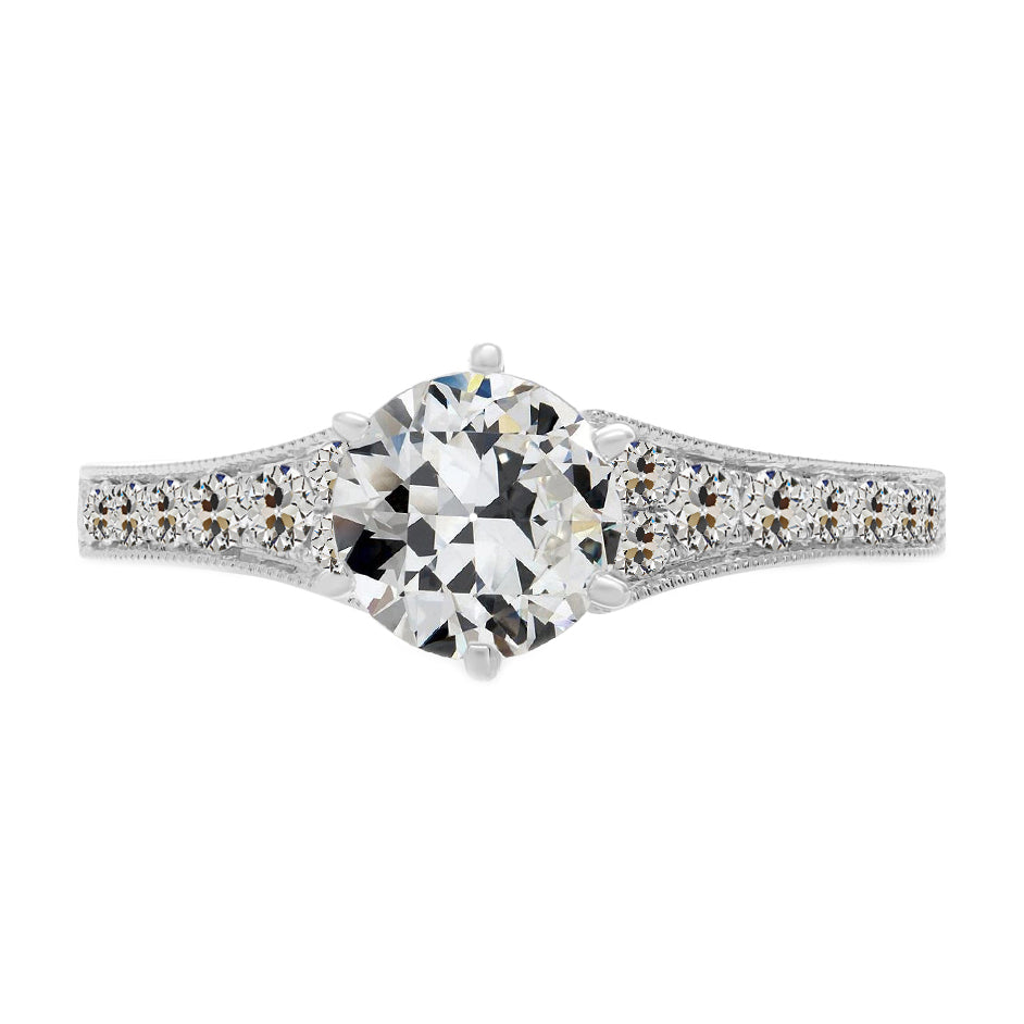 Diamant Coussin Antique Bague Solitaire avec Accents en Or Blanc 14 Carats – vue principale