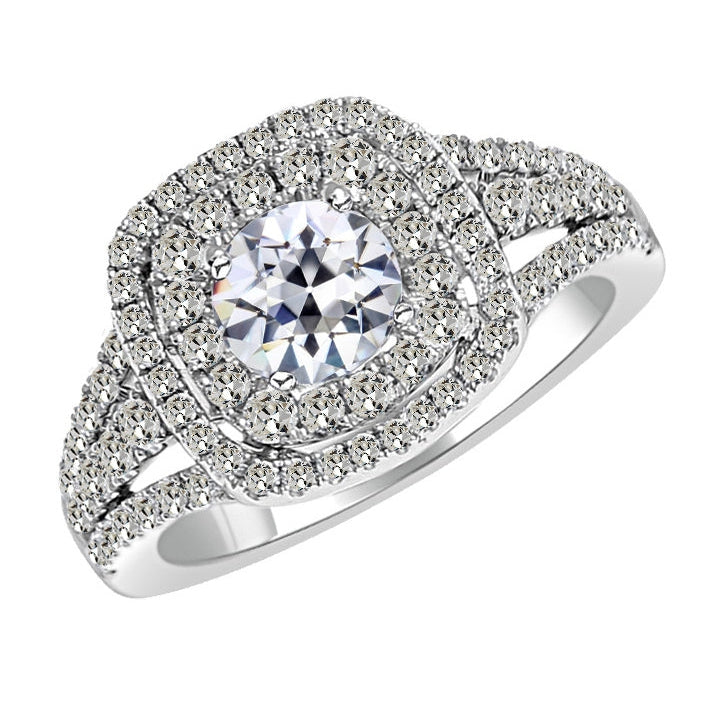 Diamant Fin Taille Old Mine Bague Sertie Halo en Or Blanc 14 Carats – vue principale