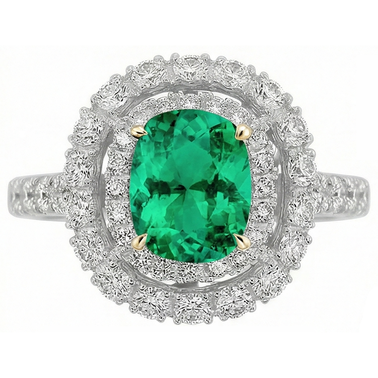 Taille Ovale Émeraude Colombienne bague en Or Bicolore 14 Carats – vue de face