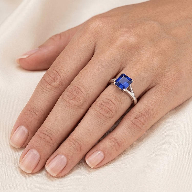 Eagle Claws Solitaire Asscher Cut Anneau Split Shank Blue Sapphire 1.50 Carats