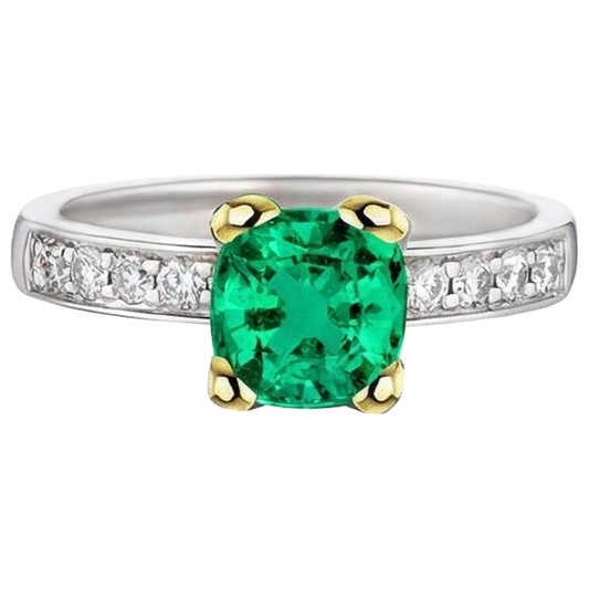 Émeraude Fine Coussin Bague avec Gemme en Or 14K Bicolore – vue de face
