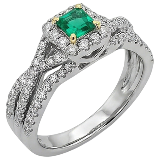 Émeraude Fine Taille Émeraude Bague Pierre Précieuse en Or Bicolore 14 Carats – vue de face