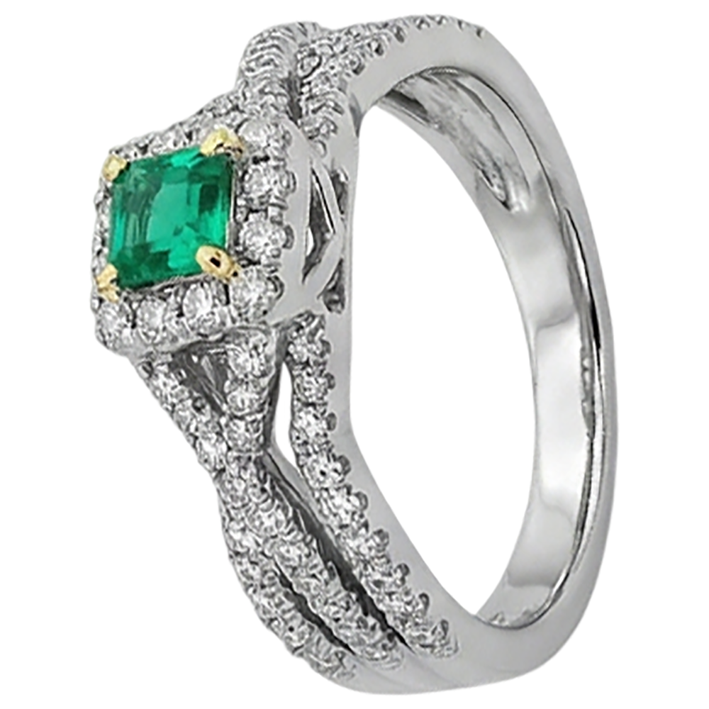 Émeraude Fine Taille Émeraude Bague Pierre Précieuse en Or Bicolore 14 Carats – vue de profil