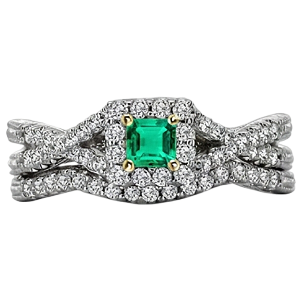 Émeraude Fine Taille Émeraude Bague Pierre Précieuse en Or Bicolore 14 Carats – vue d'angle