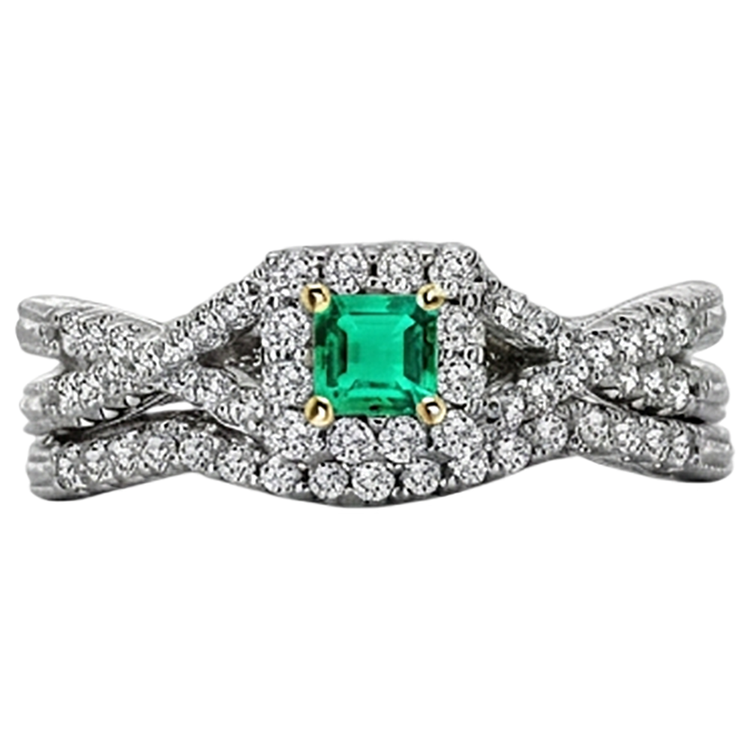 Émeraude Fine Taille Émeraude Bague Pierre Précieuse en Or Bicolore 14 Carats – vue d'angle