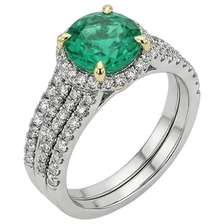 Taille Brillant Émeraude bague en Or Deux Tons 14 Carats – vue de face