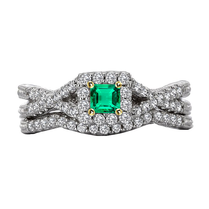 Émeraude Fine Taille Émeraude Bague Pierre Précieuse en Or Bicolore 14 Carats – vue principale
