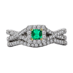 Or Bicolore 14 Carats Pavé Émeraude Fine Bague Pierre Précieuse
