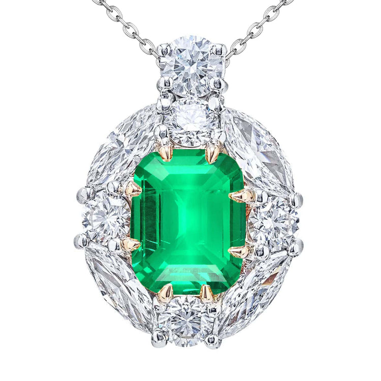 Émeraude Fine Taille à Degrés Collier Pendentif Pierre en Or Bicolore 14 Carats – vue principale