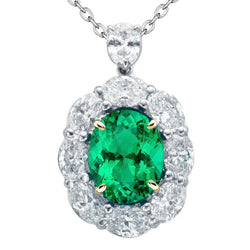 Ovale Émeraude Collier Pendentif Pierre en Or Bicolore 14 Carats