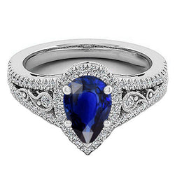 Saphir Bleu Ancien Bague avec Gemme – 3 carats en Or 14K Blanc