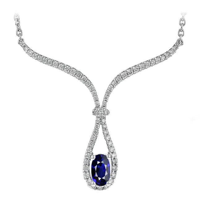 Saphir Bleu Royal Ovale Collier en Or 14K Blanc – vue principale