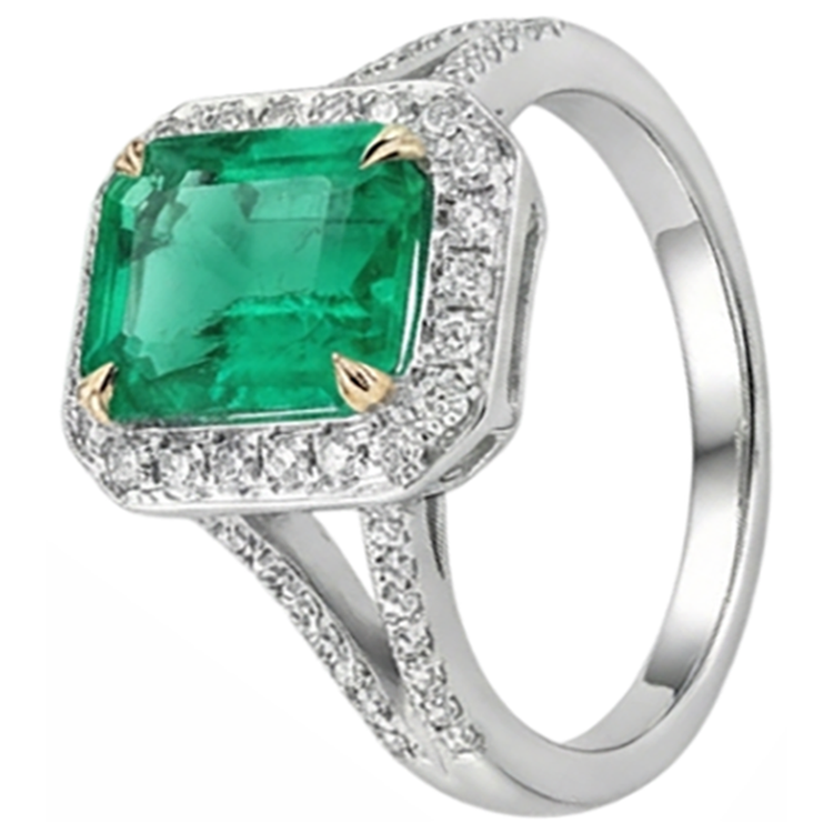 Émeraude Fine Taille à Degrés Bague Pierre Précieuse en Or Deux Tons 14 Carats – vue d'angle