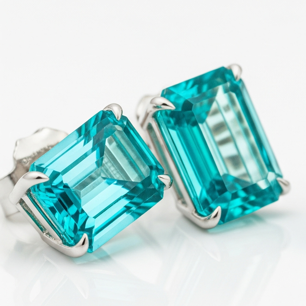 Paraiba Néon Taille Émeraude Bague Pierre Précieuse en Or 14K Blanc – vue de côté