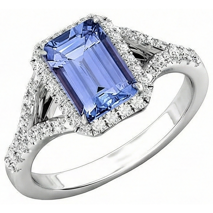 Emeraude Tanzanite 4.10 Carats Diamants Naturels Extraits des Mines ( et non cultivés en laboratoire ) Bague de Fiançailles Or Blanc 14K