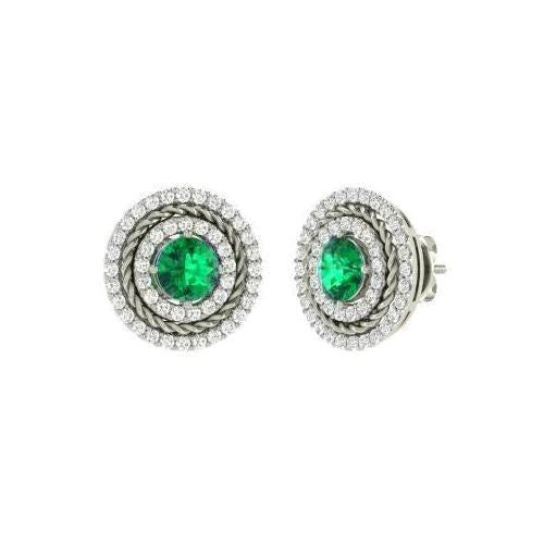 Émeraude Vert Coupe Ronde et diamants 5.00 ct. Boucles D'oreilles Clous Halo Or Blanc