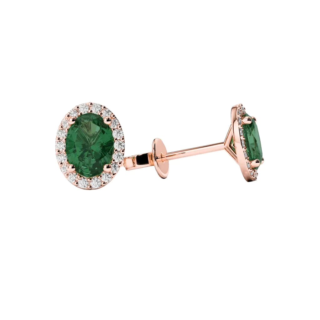 Émeraude Vert taille ovale avec diamants ronds 5.40 Ct clous Halo or rose 14K