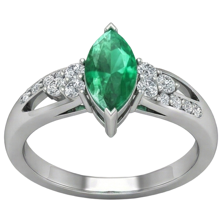 Émeraude verte avec diamants 2.75 ct. Bague de Fiançailles Or Blanc 14K