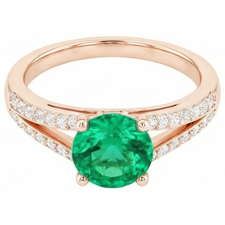 Émeraude verte de Coupe Ronde de 2.85 ct avec diamants en or rose 14k