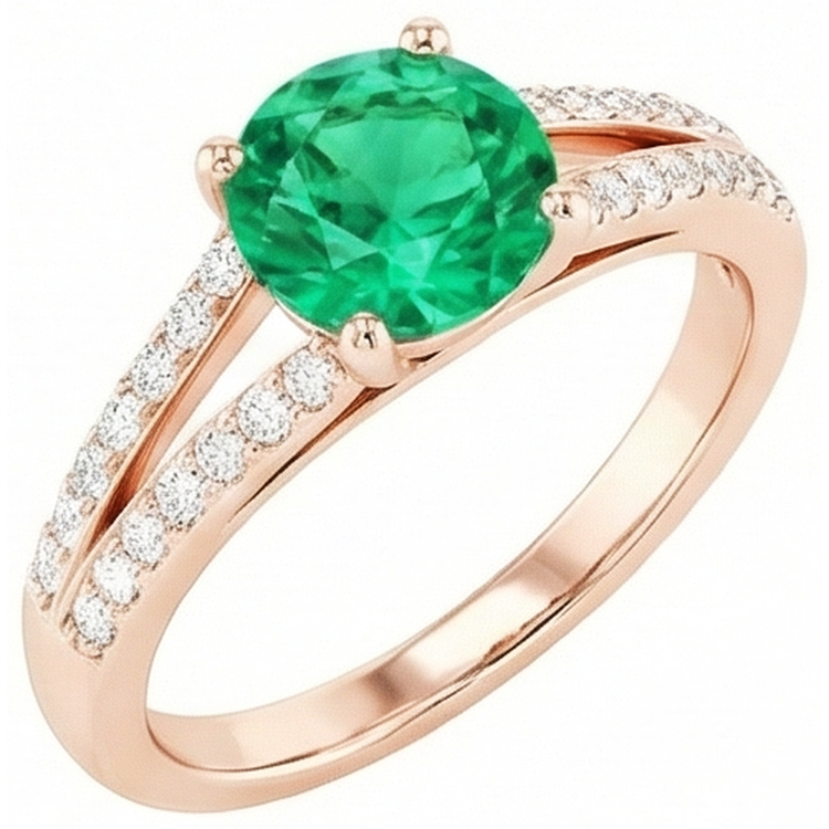 Émeraude verte de Coupe Ronde de 2.85 ct avec diamants en or rose 14k