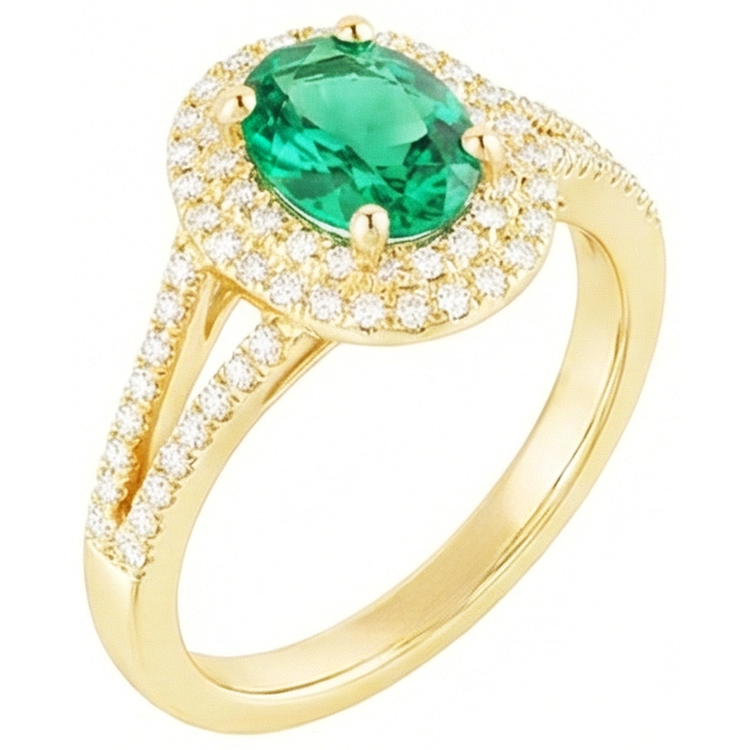 Émeraude verte de forme ovale en or 14K avec bague en diamant rond 6 carats