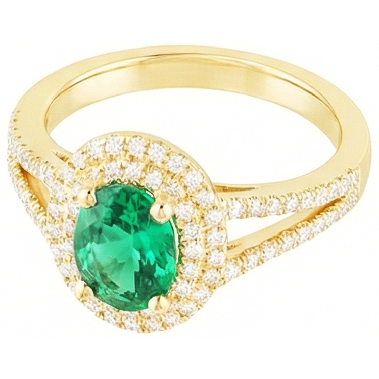 Émeraude verte de forme ovale en or 14K avec bague en diamant rond 6 carats
