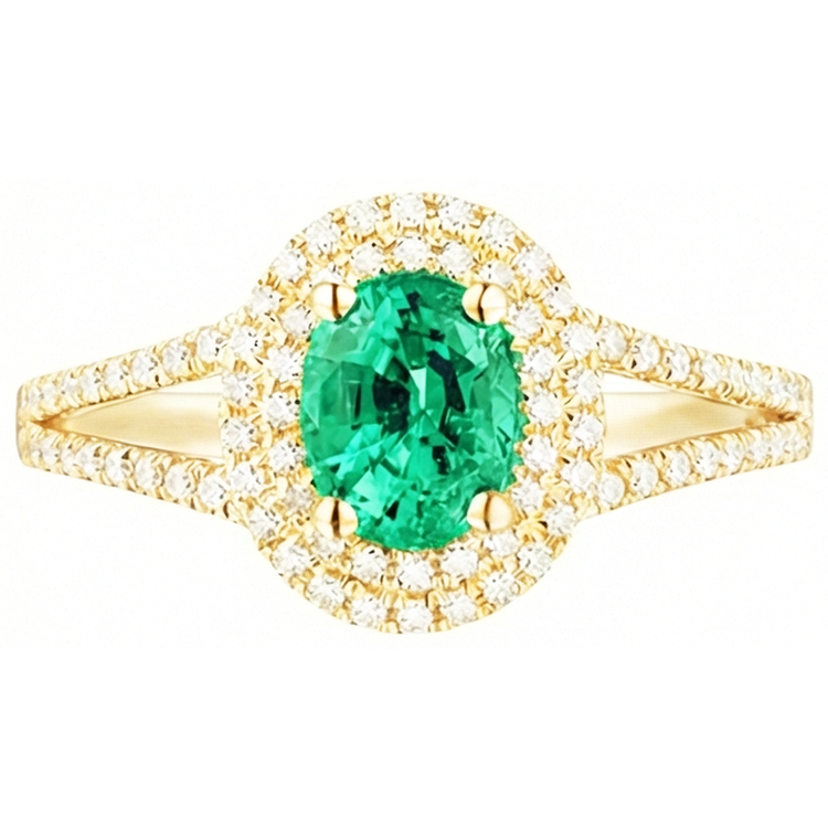 Émeraude verte de forme ovale en or 14K avec bague en diamant rond 6 carats