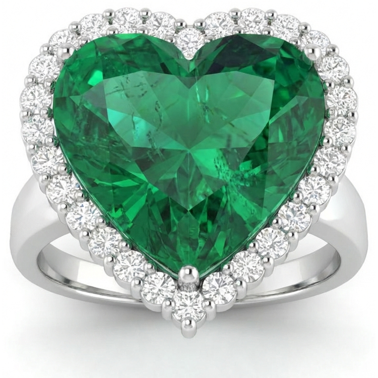 Émeraude verte en forme de coeur de 13 carats avec bague de mariage en diamant 14K