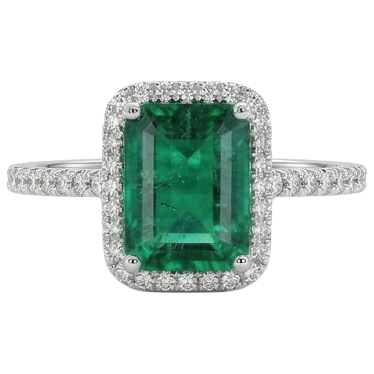 Émeraude verte taille émeraude de 3.55 ct avec bague de mariage en diamant rond