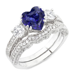 Ensemble Alliance Diamant Coeur Saphir Bleu Style Antique 3.50 Carats