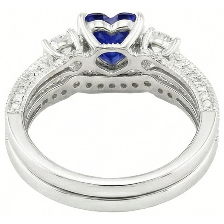 Ensemble Alliance Diamant Coeur Saphir Bleu Style Antique 3.50 Carats