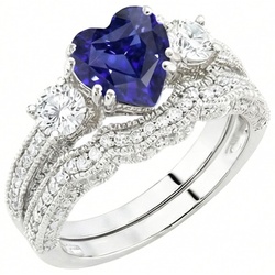 Ensemble Alliance Diamant Coeur Saphir Bleu Style Antique 3.50 Carats