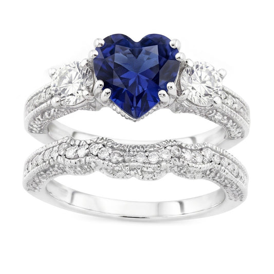 Ensemble Alliance Diamant Coeur Saphir Bleu Style Antique 3.50 Carats