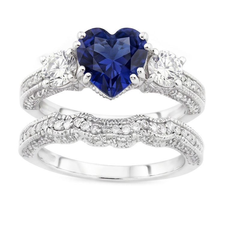 Ensemble Alliance Diamant Coeur Saphir Bleu Style Antique 3.50 Carats