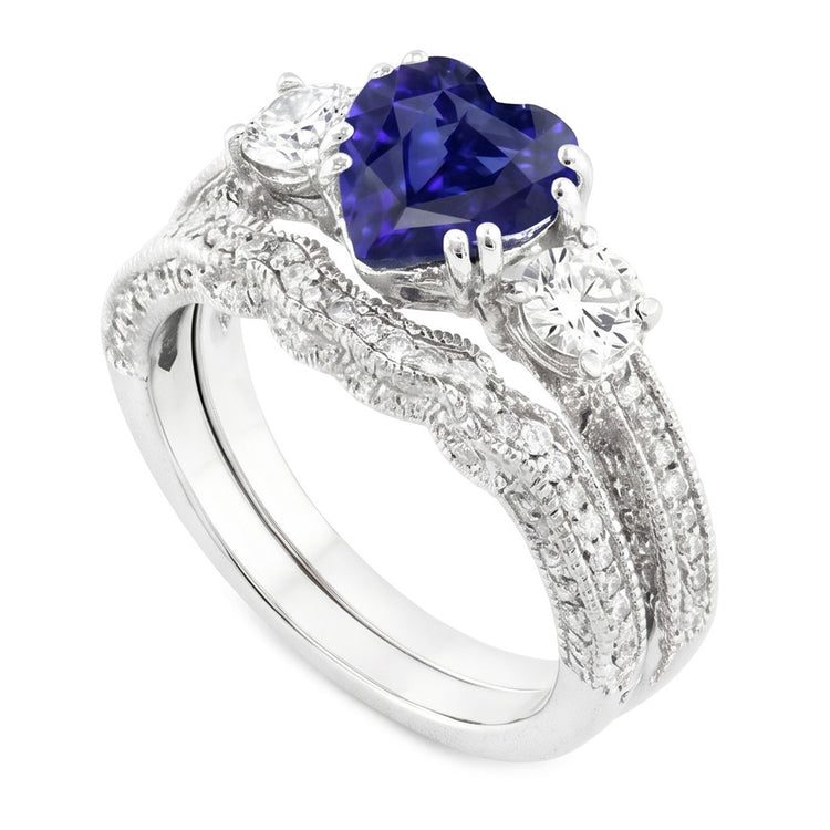 Ensemble Alliance Diamant Coeur Saphir Bleu Style Antique 3.50 Carats