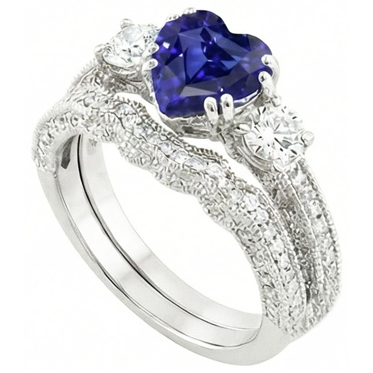 Ensemble Alliance Diamant Coeur Saphir Bleu Style Antique 3.50 Carats