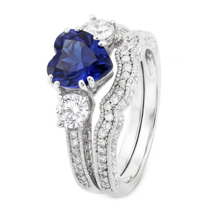 Ensemble Alliance Diamant Coeur Saphir Bleu Style Antique 3.50 Carats